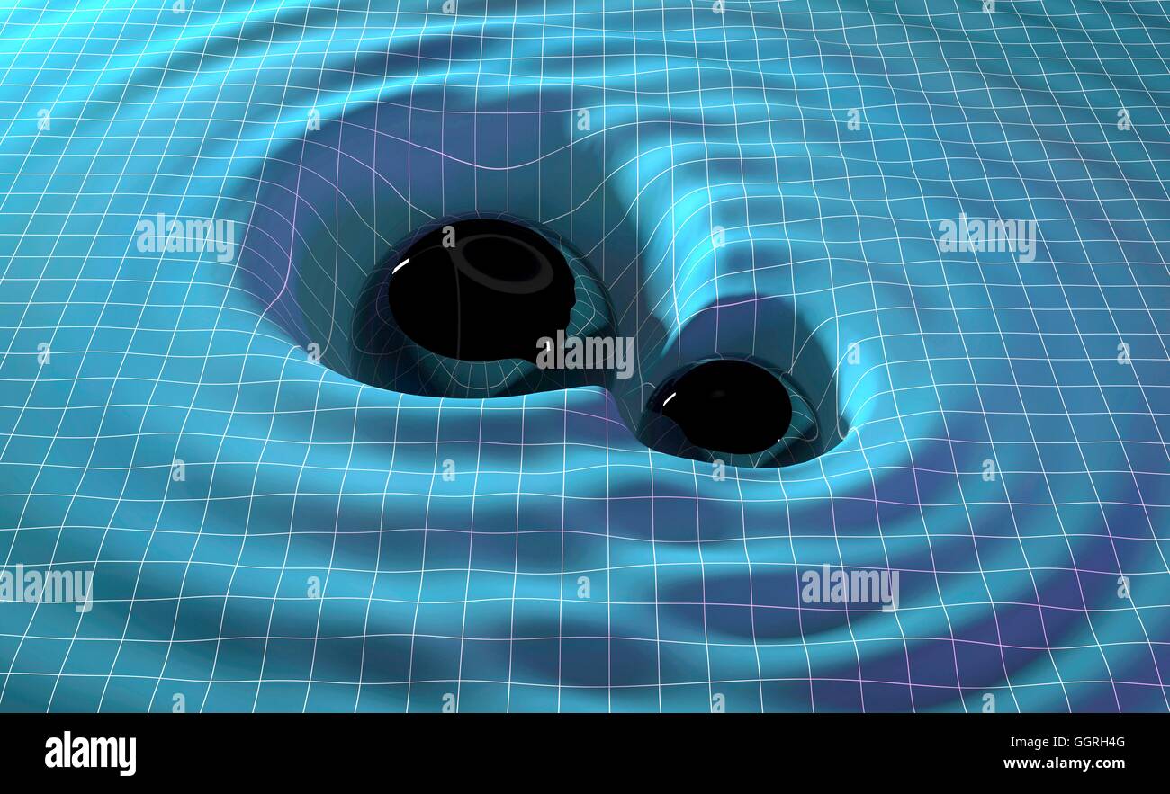 Ilustración de dos agujeros negros en órbita alrededor de otras, emiten ondas gravitacionales. Las ondas gravitacionales predicción de la teoría de Einstein de la relatividad general. Distorsión de la gravedad, los cambios en la masa de spacetime distorsión viajan en ondas de luz de velocidad. efecto pronunciado extr Foto de stock