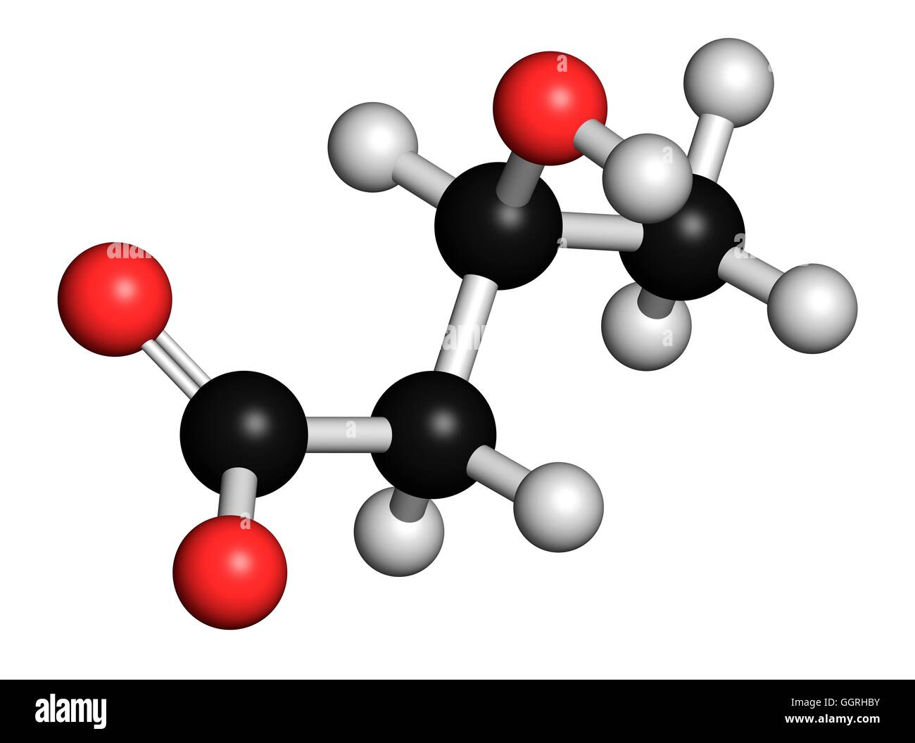 Beta-hidroxibutírico (beta-hidroxibutirato), modelo molecular. Los átomos  son representados como esferas con codificación de color convencional:  hidrógeno (blanco), el carbono (negro), el oxígeno (rojo). Ilustración  Fotografía de stock - Alamy
