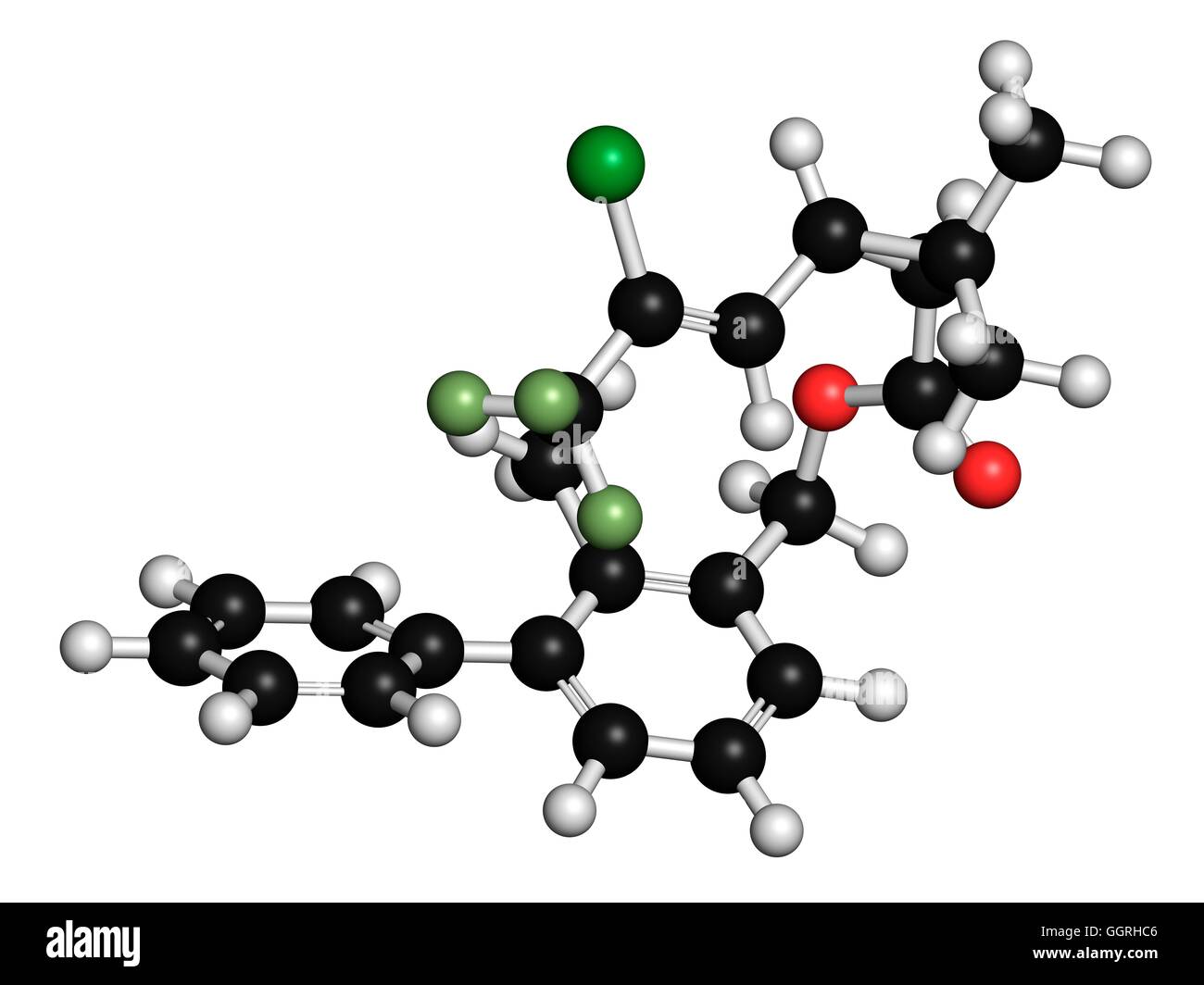 La bifentrina molécula insecticida piretroide (clase). 3D rendering. Los  átomos son representados como esferas con codificación de color  convencional: hidrógeno (blanco), el carbono (negro), el oxígeno (en rojo),  el cloro (verde), el