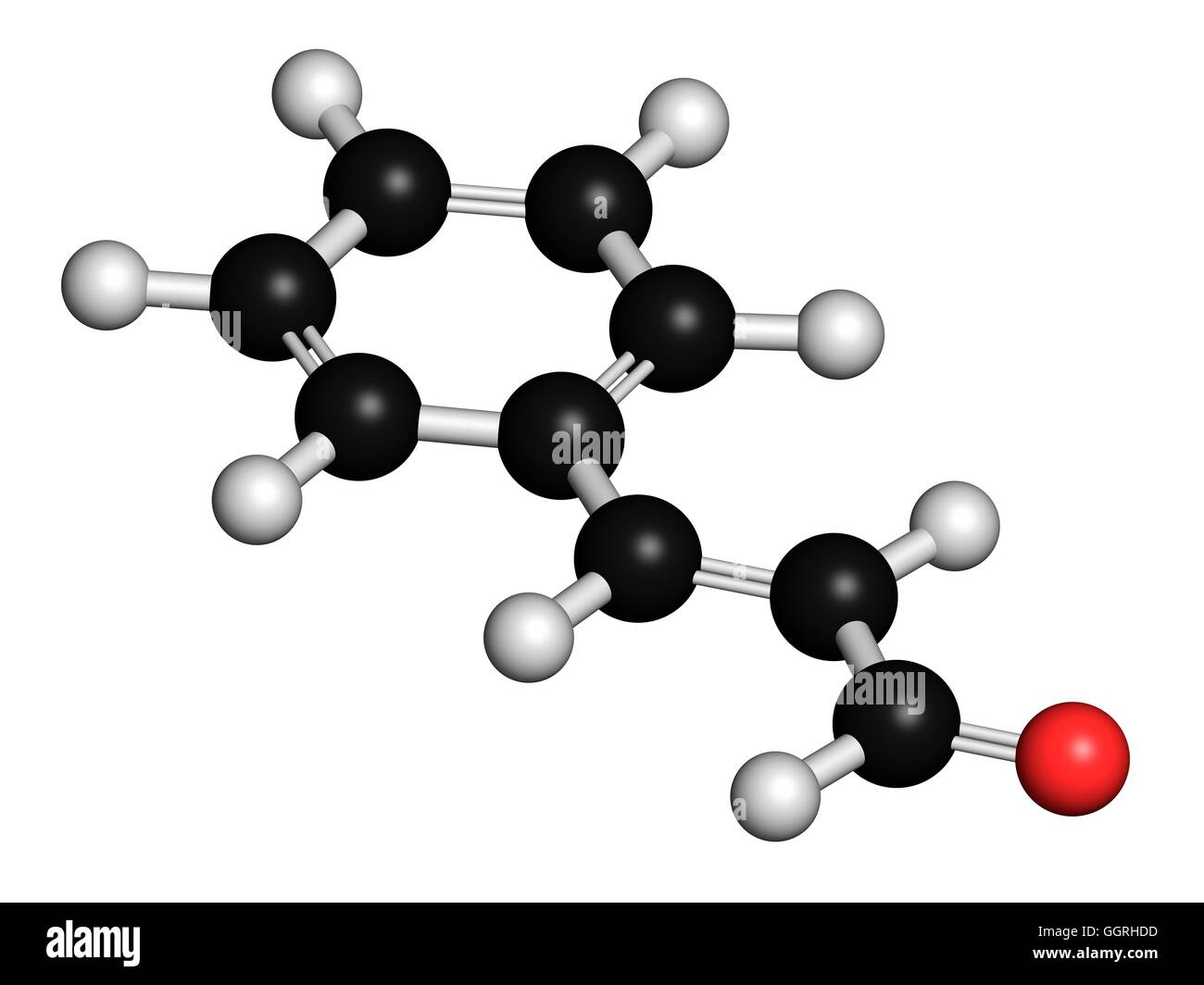 Cinnamaldehyde (aldehido cinámico) aroma de la canela, el modelo molecular.  Los átomos son representados como esferas con codificación de color  convencional: hidrógeno (blanco), el carbono (negro), el oxígeno (rojo).  Ilustración Fotografía de