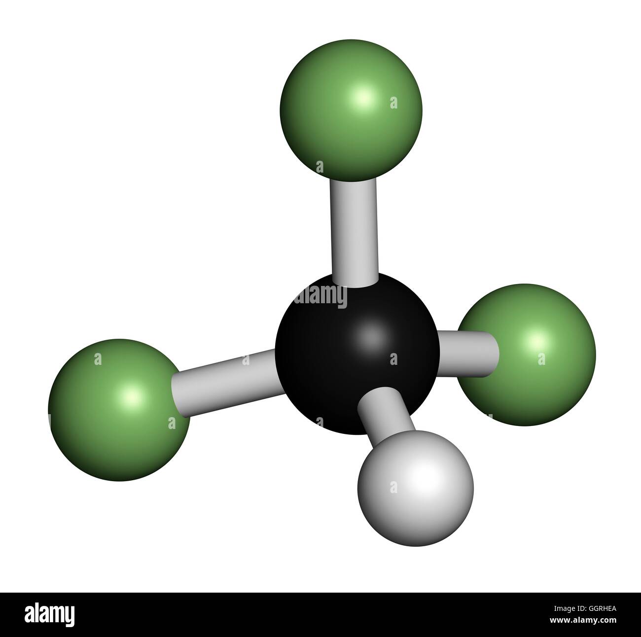 Los gases de efecto invernadero, Fluoroform modelo molecular. Los átomos  son representados como esferas con codificación de color convencional:  hidrógeno (blanco), el Carbono (negros), Fluor (luz verde). Ilustración  Fotografía de stock -