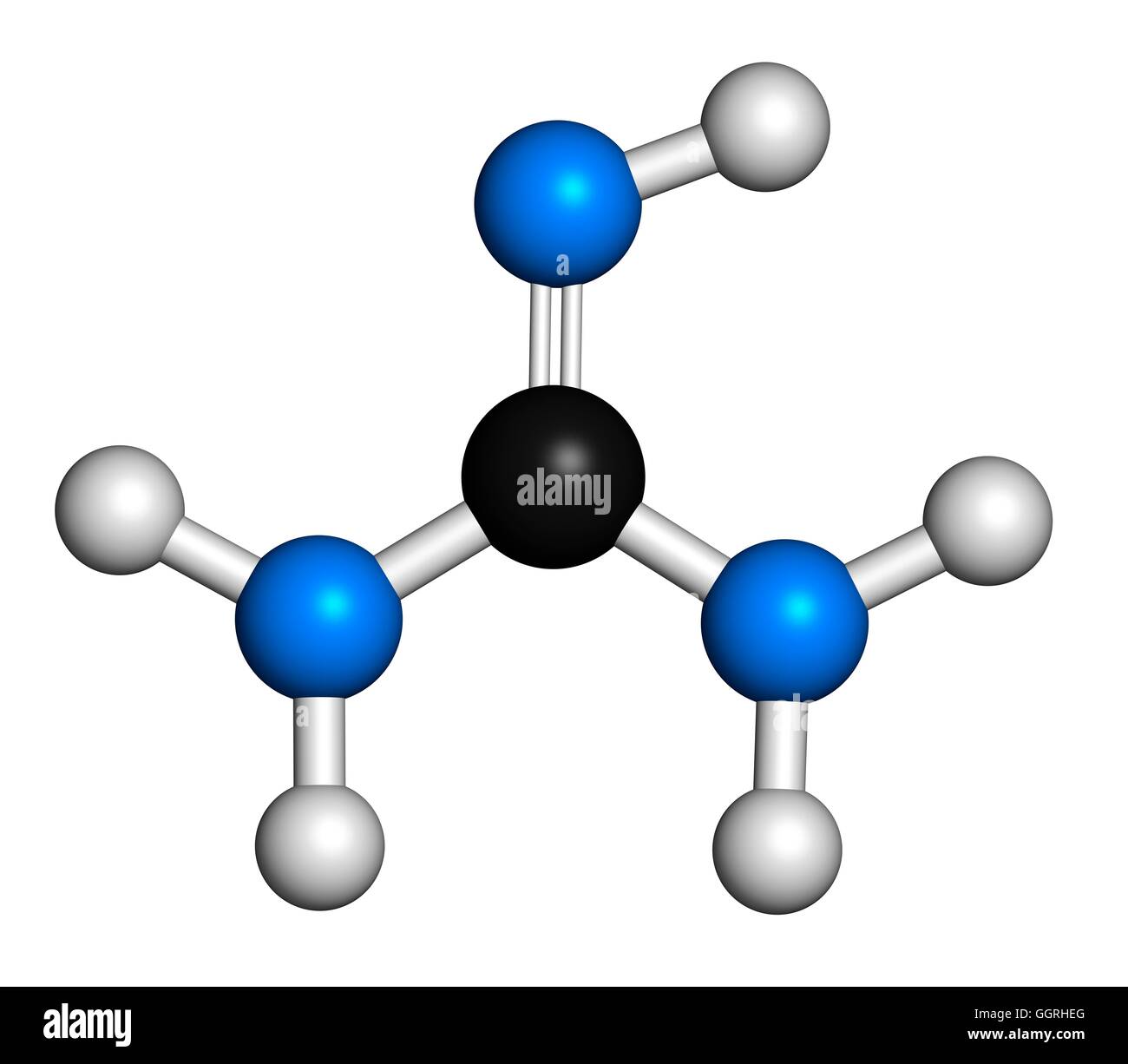 La Guanidina, modelo molecular. Los átomos son representados como esferas  con codificación de color convencional: hidrógeno (blanco), el Carbono  (negros), nitrógeno (azul). Ilustración Fotografía de stock - Alamy