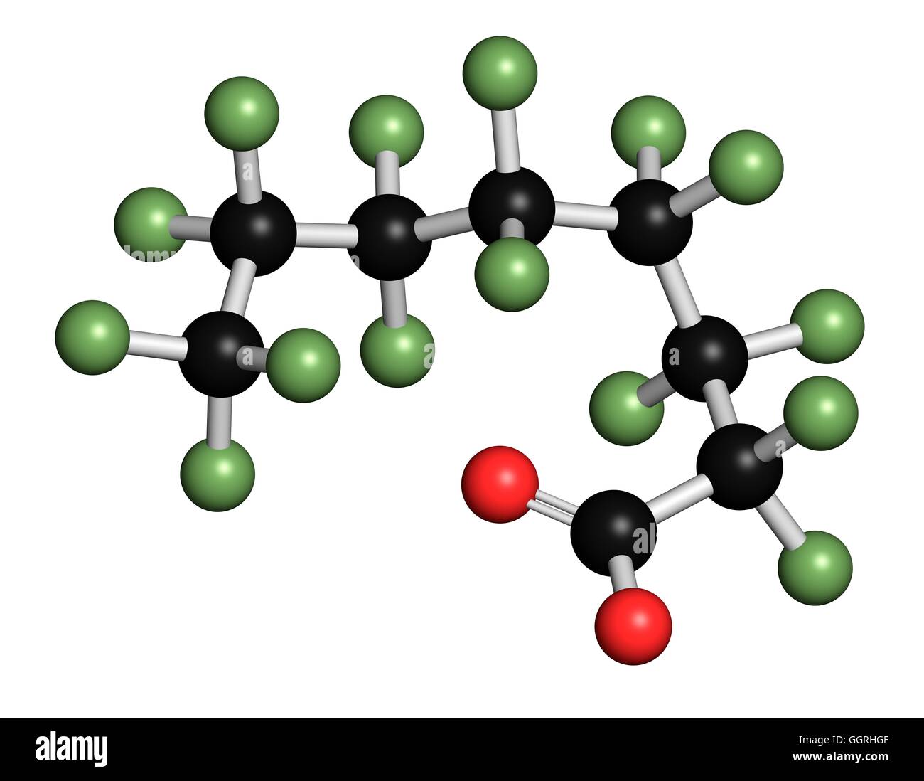 Perfluorooctanoic acid (PFOA, perfluorooctanoate) contaminante cancerígeno, modelo  molecular. Los átomos son representados como esferas con codificación de  color convencional: hidrógeno (blanco), el carbono (negro), el oxígeno  (rojo), el flúor (luz ...