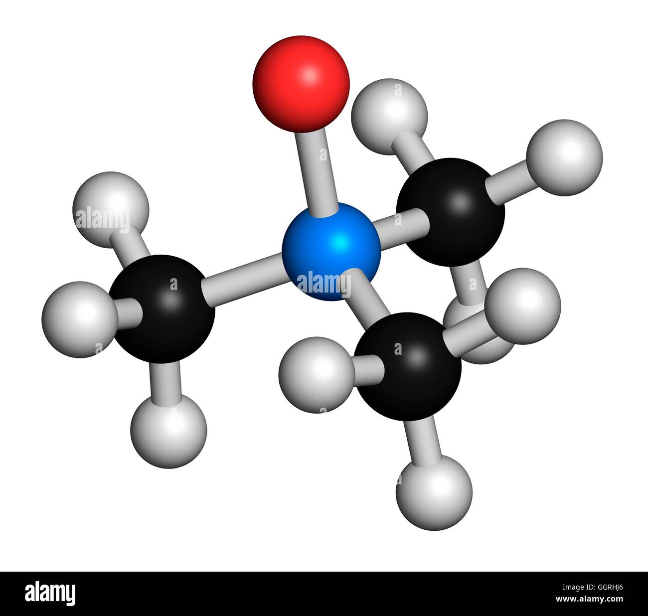 N-óxido de trimetilamina (TMAO), modelo molecular. Los átomos son  representados como esferas con codificación de color convencional: hidrógeno  (blanco), el Carbono (negros), nitrógeno (azul), el oxígeno (rojo).  Ilustración Fotografía de stock -