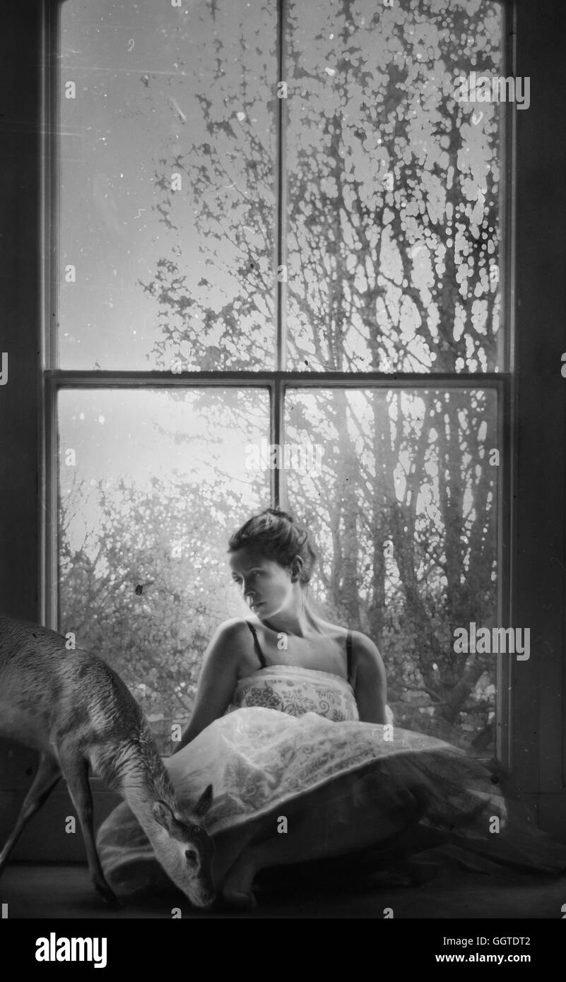 Mujer joven sentada junto a la ventana grande con un pequeño ciervo Foto de stock