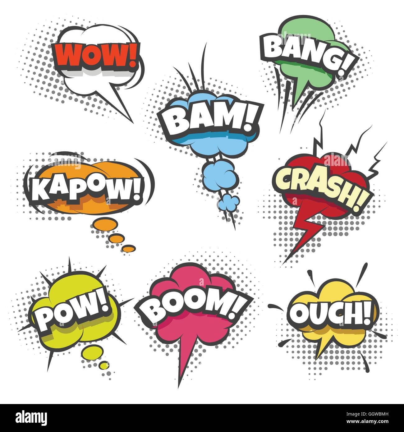 Efectos de sonido de cómic texto en burbujas de sonido. Ilustración de estilo pop art. Ilustración del Vector
