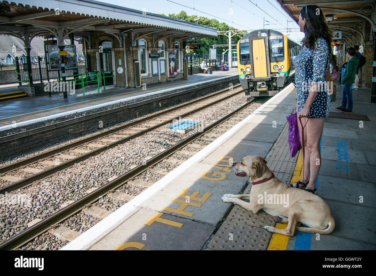 Mujer con perro esperando en Berkhamsted Estación de Ferrocarril para coger el tren a Londres Foto de stock