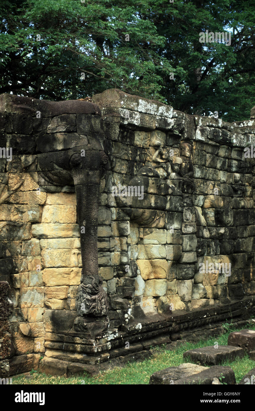 Los murales de piedra en la terraza de elefantes en el complejo del templo de Angkor Wat, Siem Reap, Camboya. Foto de stock