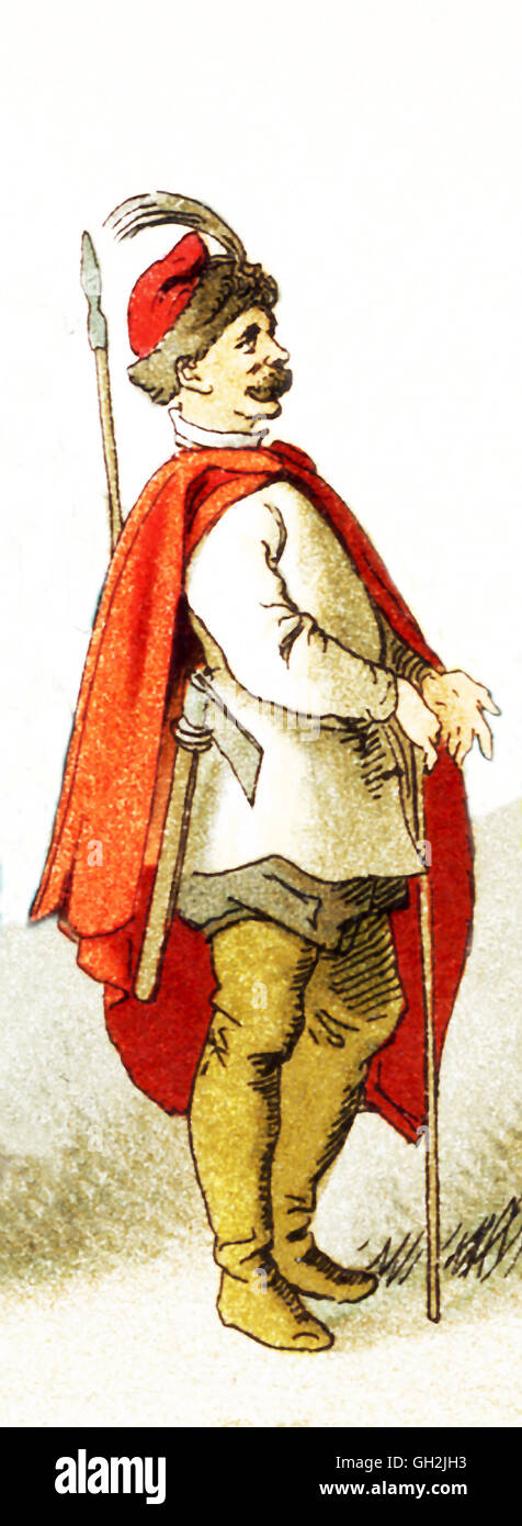 La figura que se muestra aquí representa un hombre polaco en el 1600. La ilustración se remonta a 1882. Foto de stock