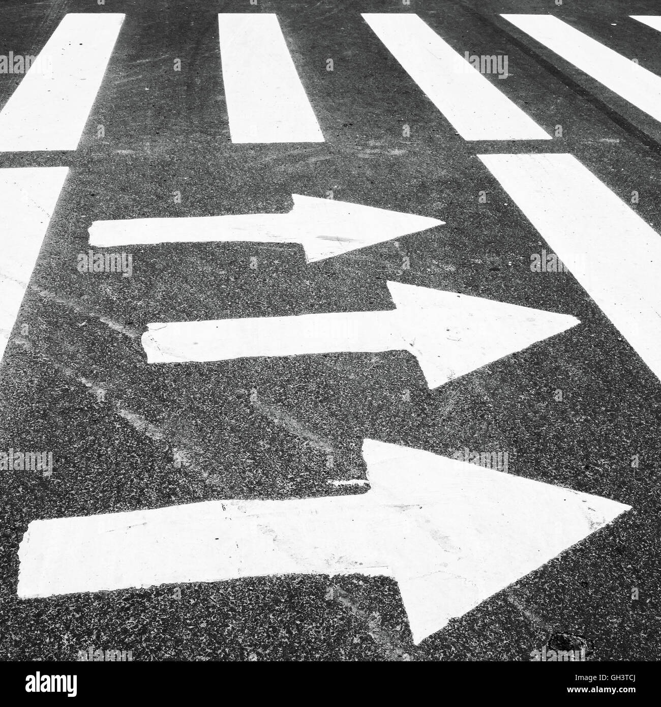 Zebra, cruce peatonal con señalización de carreteras. Las flechas de color blanco y rectángulos en el asfalto oscuro Foto de stock