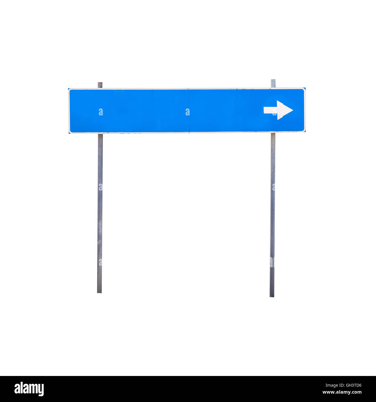 Señal de carretera azul con blanco para el lugar de destino y el nombre de la dirección de la flecha aislado en blanco Foto de stock