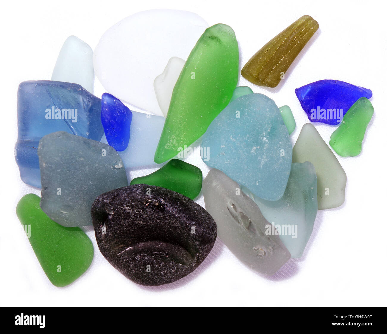 El azul y el verde seaglass recolectados en las playas de Perth y Fremantle, Australia Occidental Foto de stock