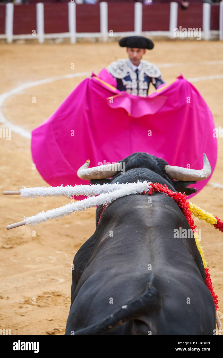 El torero con el capote o cabo, España Foto de stock