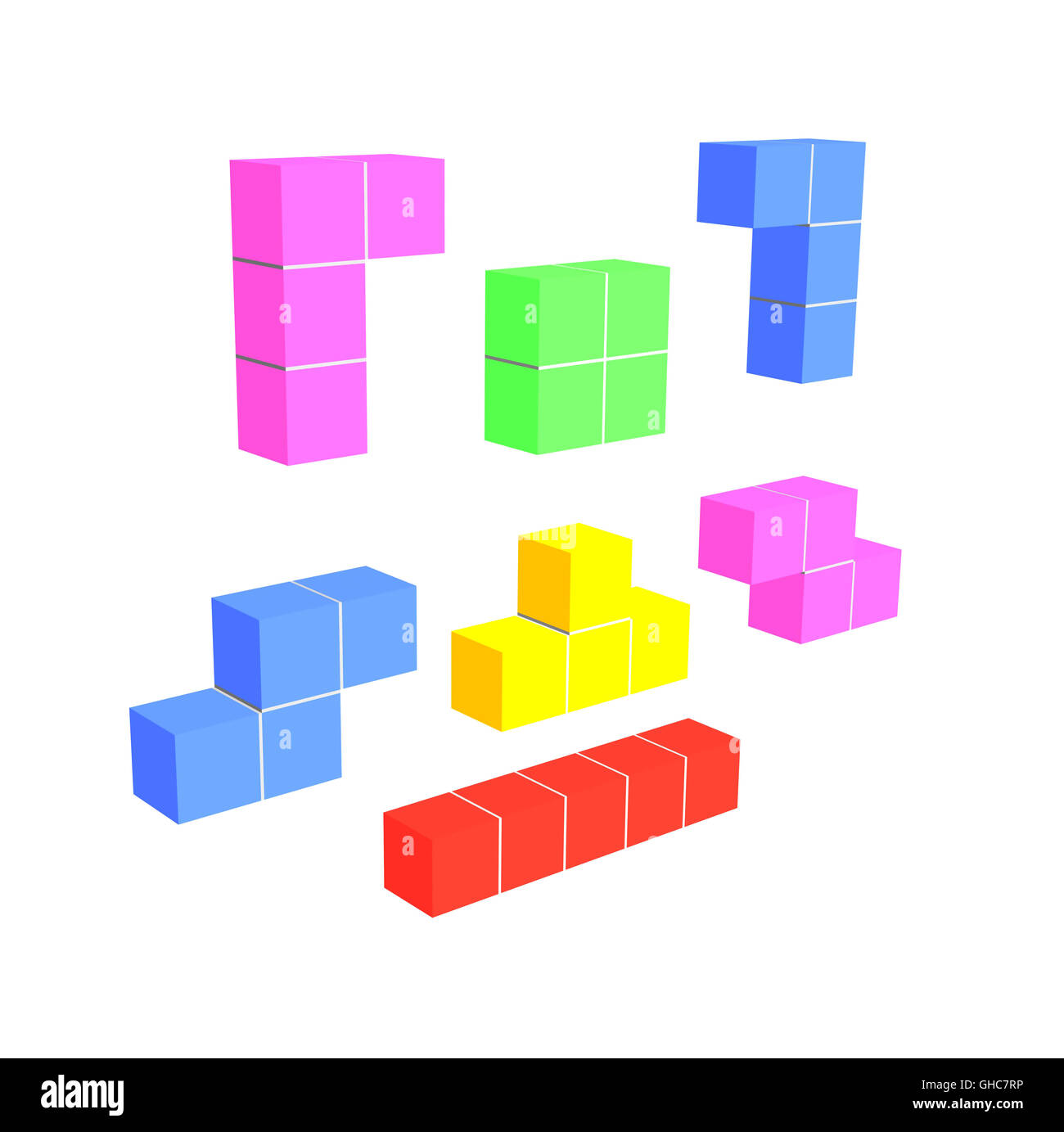 Juego Tetris aislado en blanco con cubos 3D de stock -