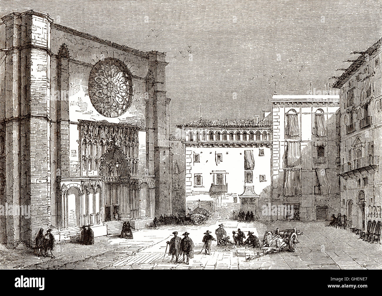 Santa Maria del Mar, el barrio de La Ribera, Barcelona, España, siglo XVIII Foto de stock