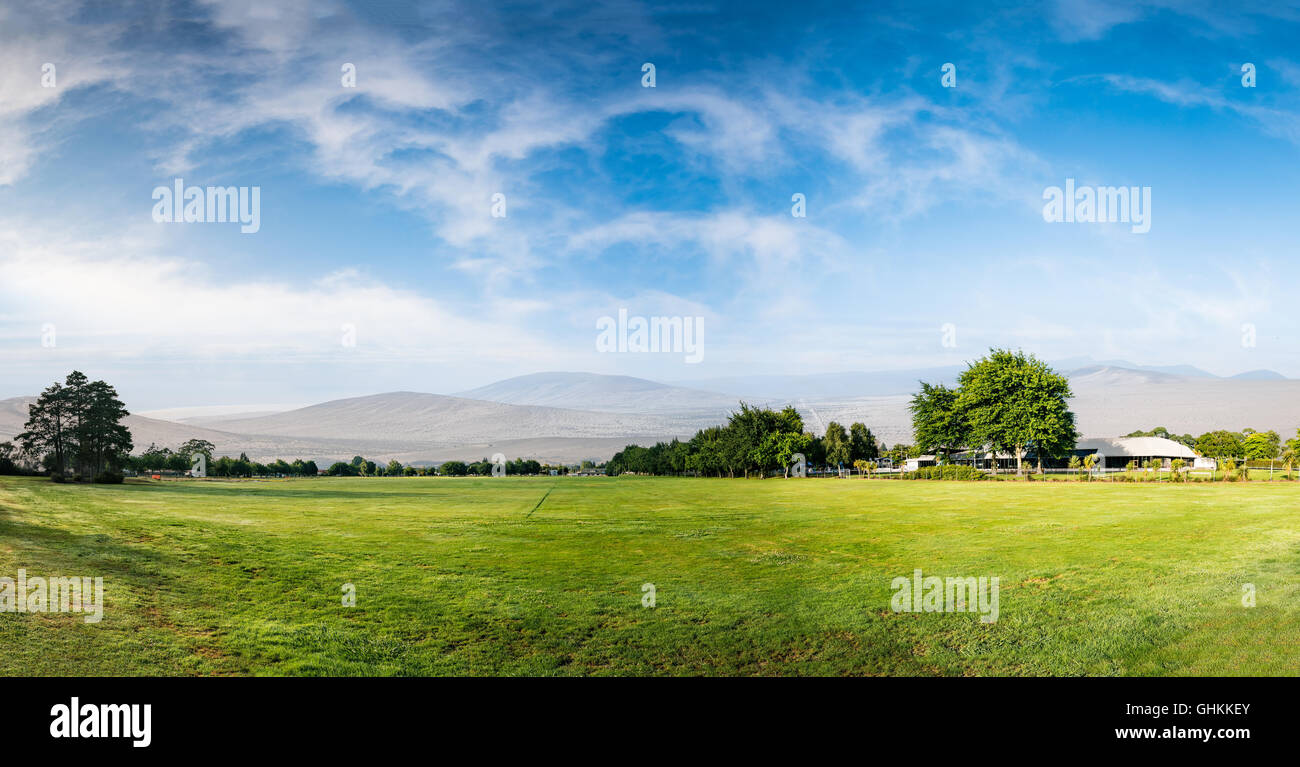 Campo de hierba verde y montaña en el horizonte Foto de stock
