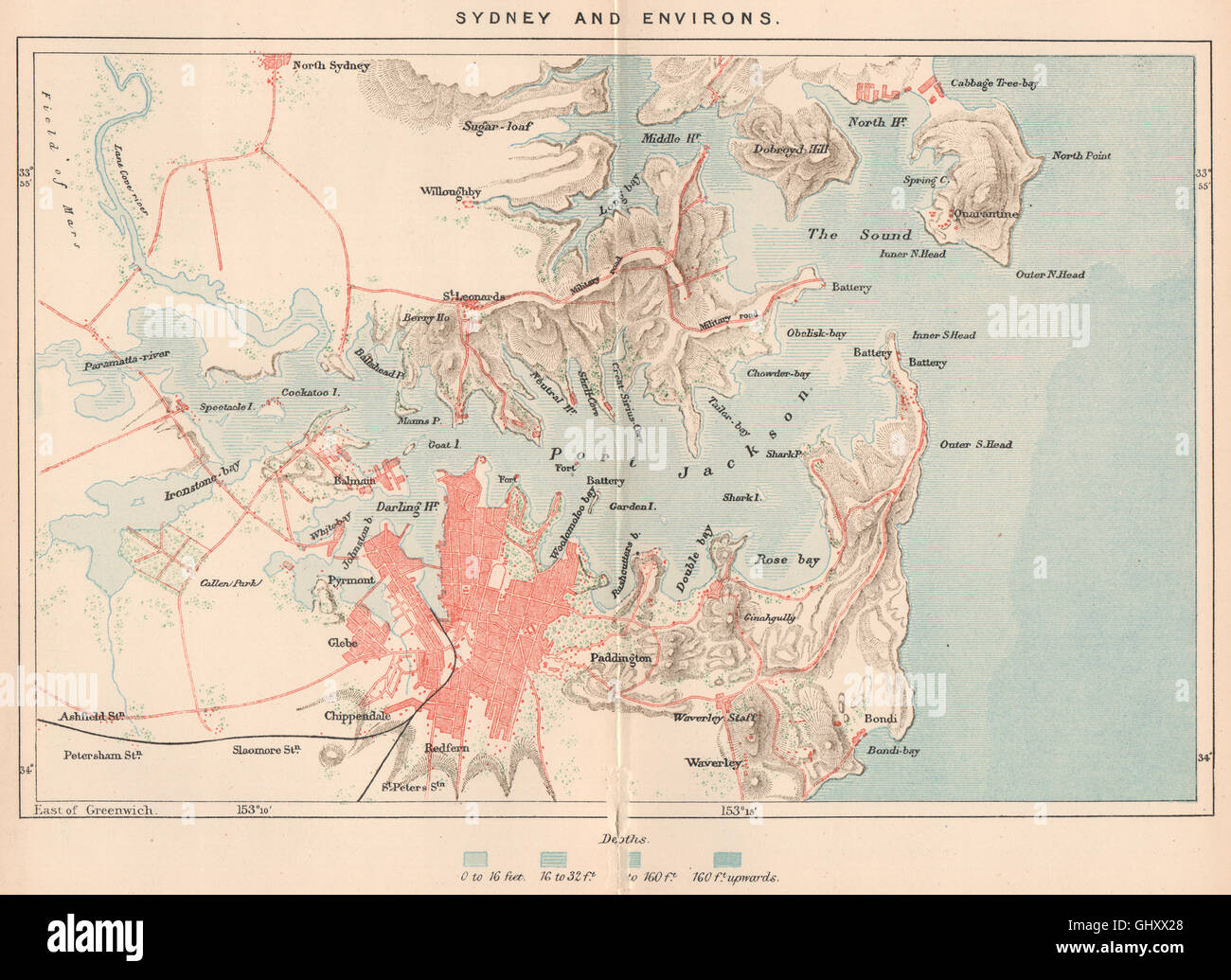Sydney y sus alrededores. Australia, 1885 mapa antiguo Foto de stock