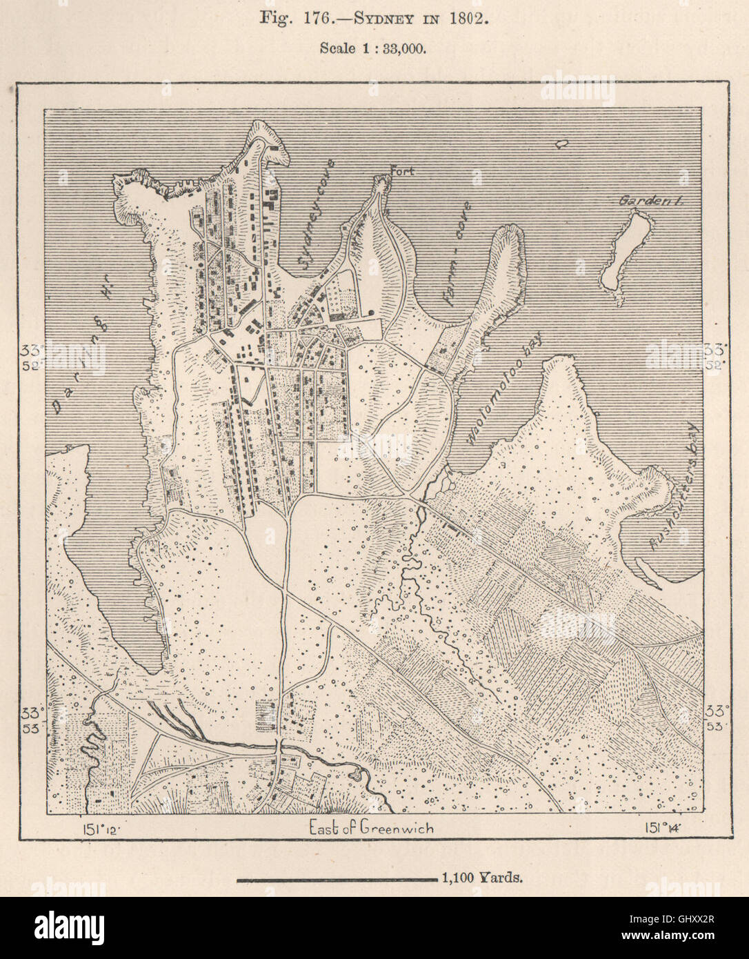 Sydney en 1802. Australia, 1885 mapa antiguo Foto de stock