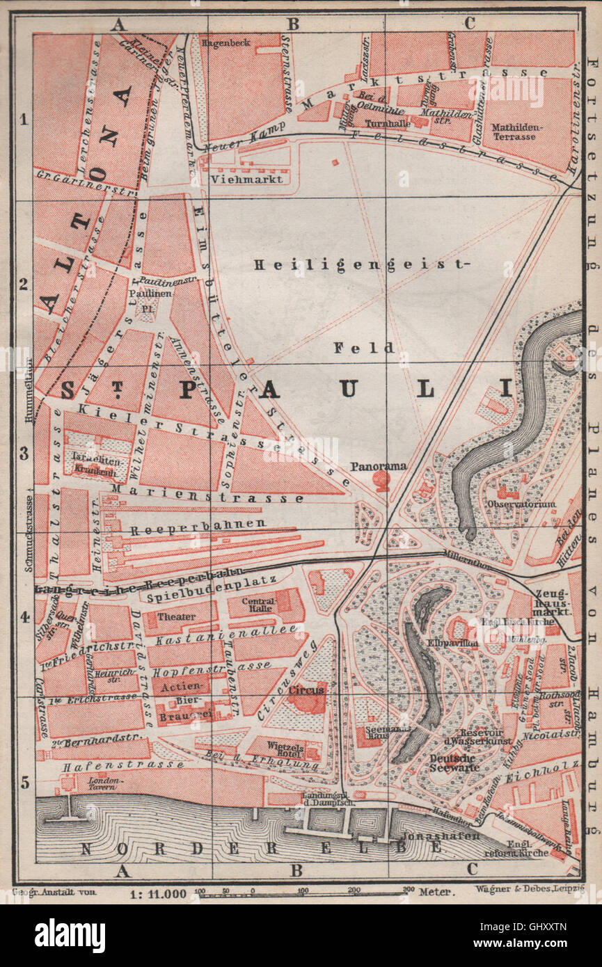 ST Pauli, Hamburgo stadtplan ciudad. En Reeperbahn. Deutschland karte, 1886 mapa Foto de stock