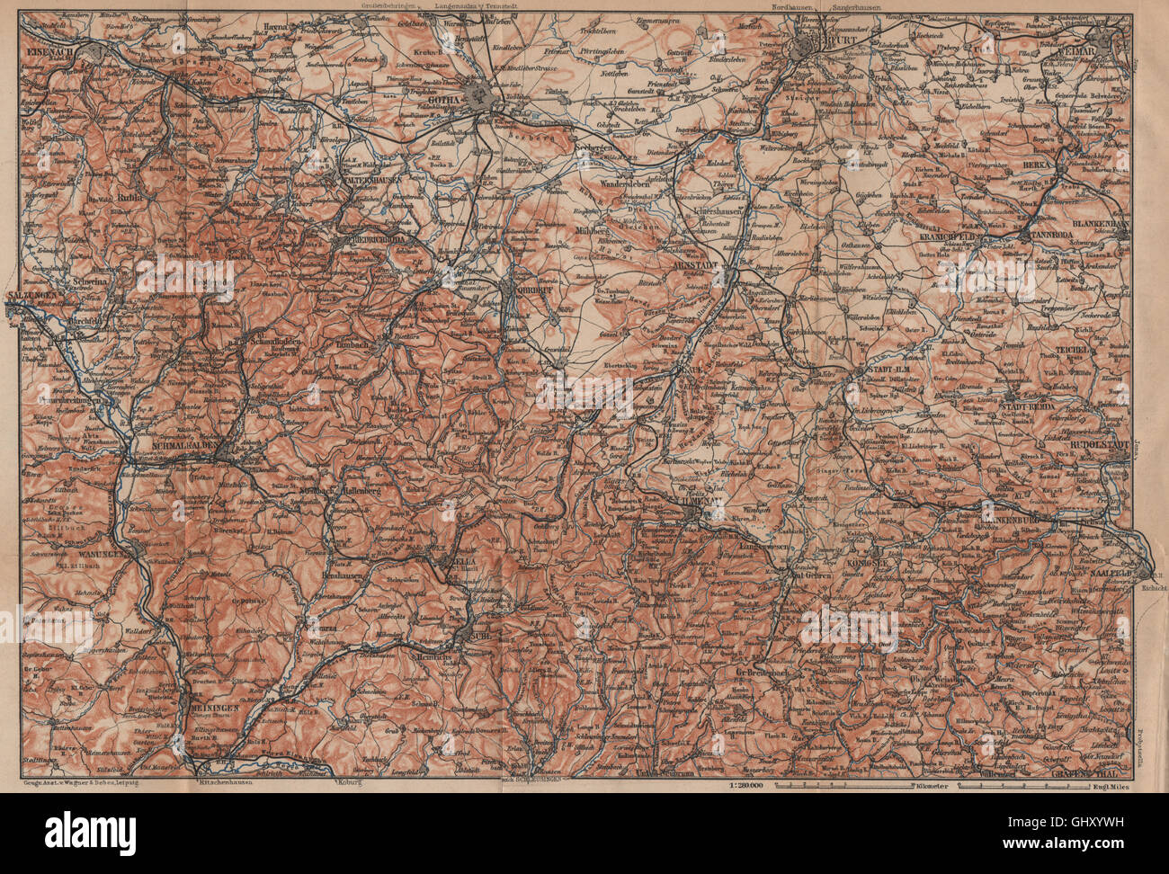 THÜRINGER Wald. Bosque de Turingia. Gotha Eisenach Erfurt Weimar karte, 1900 mapa Foto de stock