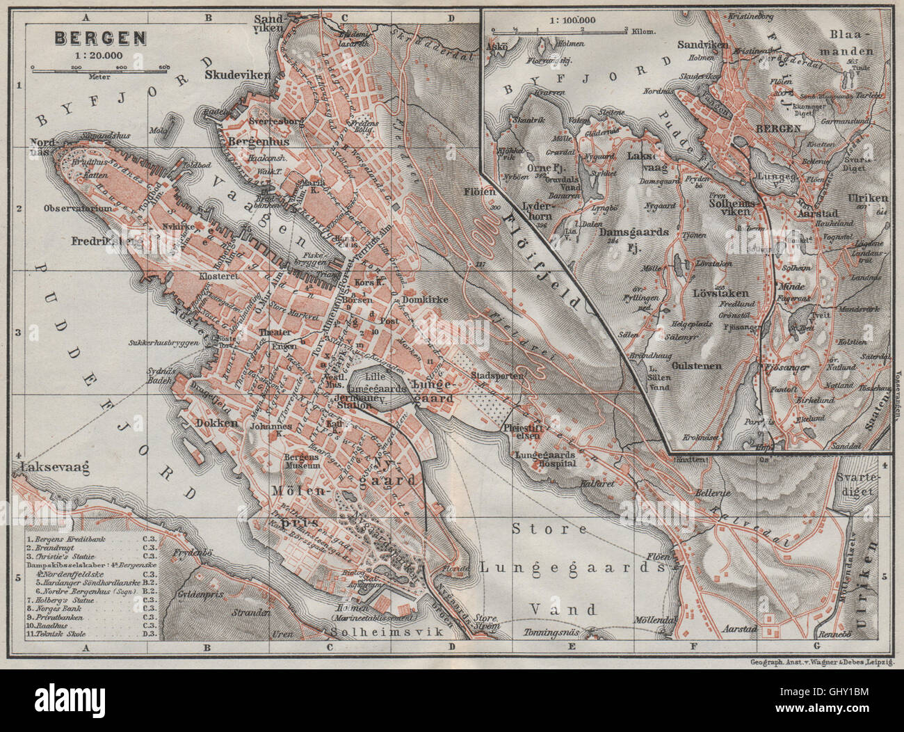 La Ciudad Antigua De Bergen Byplan Y Alrededores Noruega Kart Baedeker Mapa De 1909 Fotografia De Stock Alamy