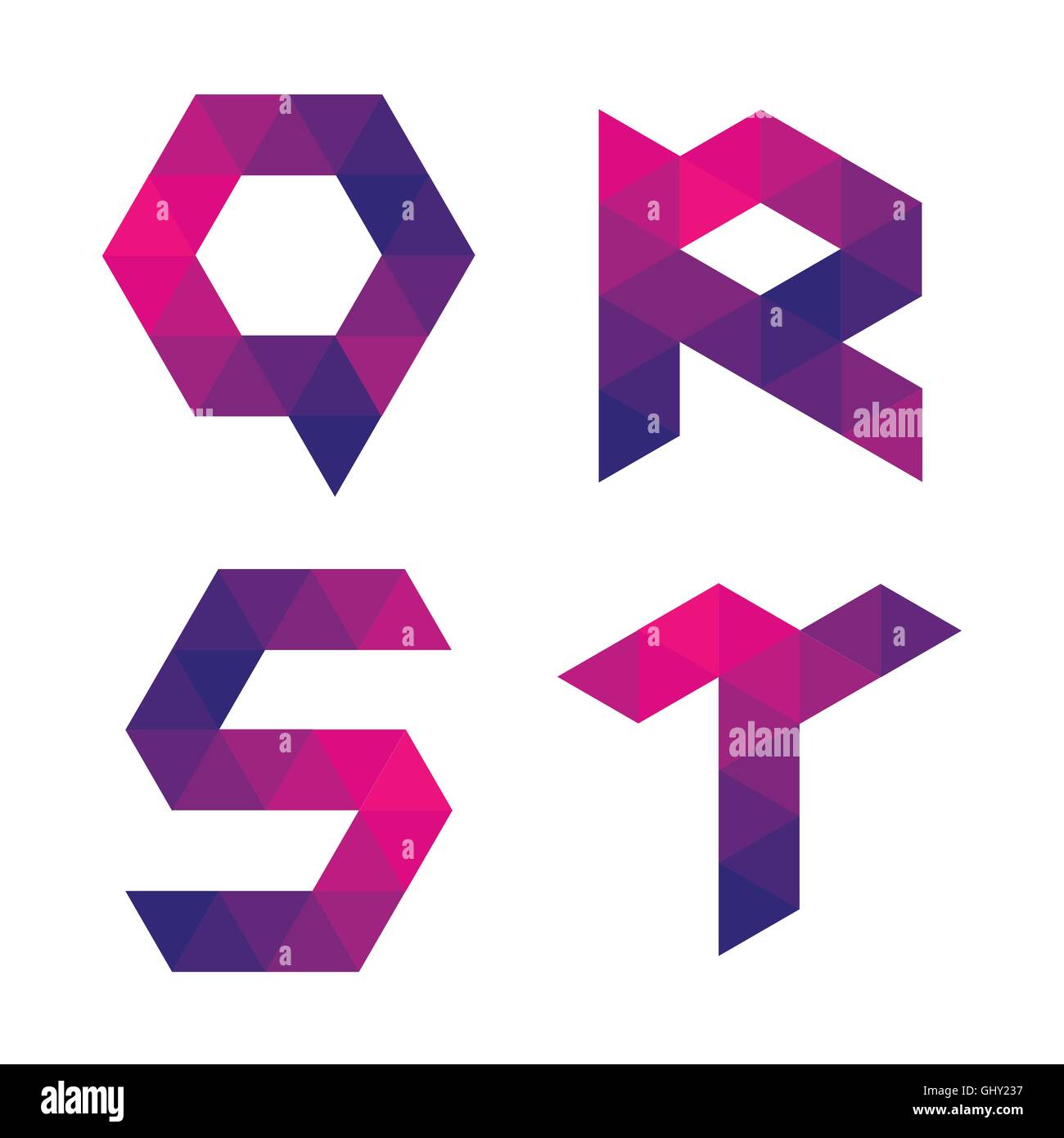 Serie de letras q, r, s, t formado por triángulos de colores. Forma geométrica. Fondo blanco. Aislados. Ilustración del Vector