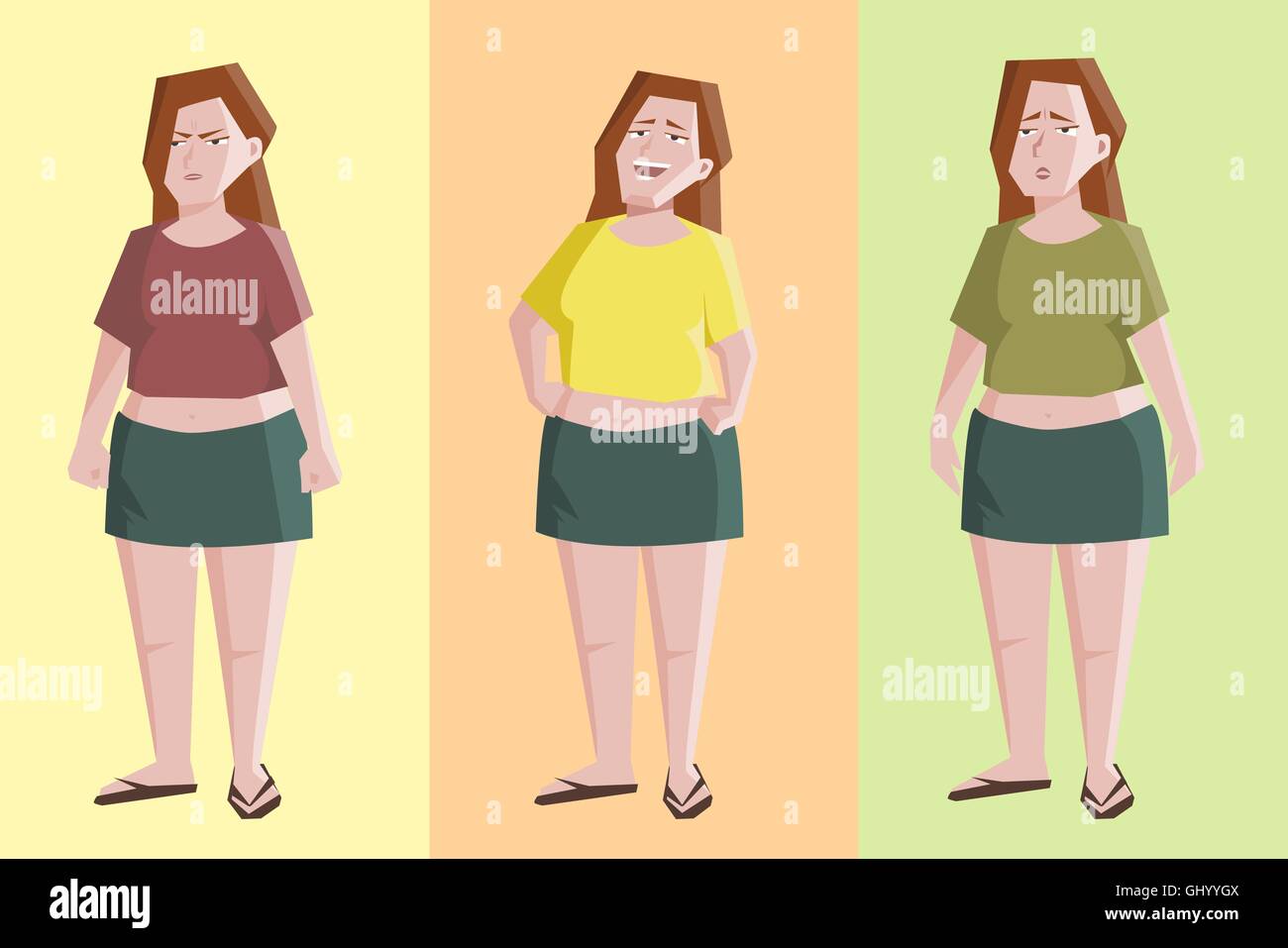 Mujer simple personaje con diferentes expresiones - Funny cartoon con enojado, riendo, triste personaje femenino Ilustración del Vector