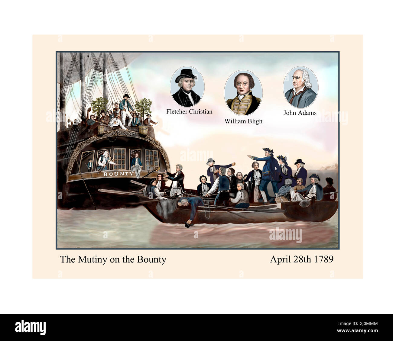 Motín en el Bounty, 28 de abril de 1789, la ilustración de un siglo xix imprimir afilada, re-establecer, re-colores con 3 añadido retratos Foto de stock