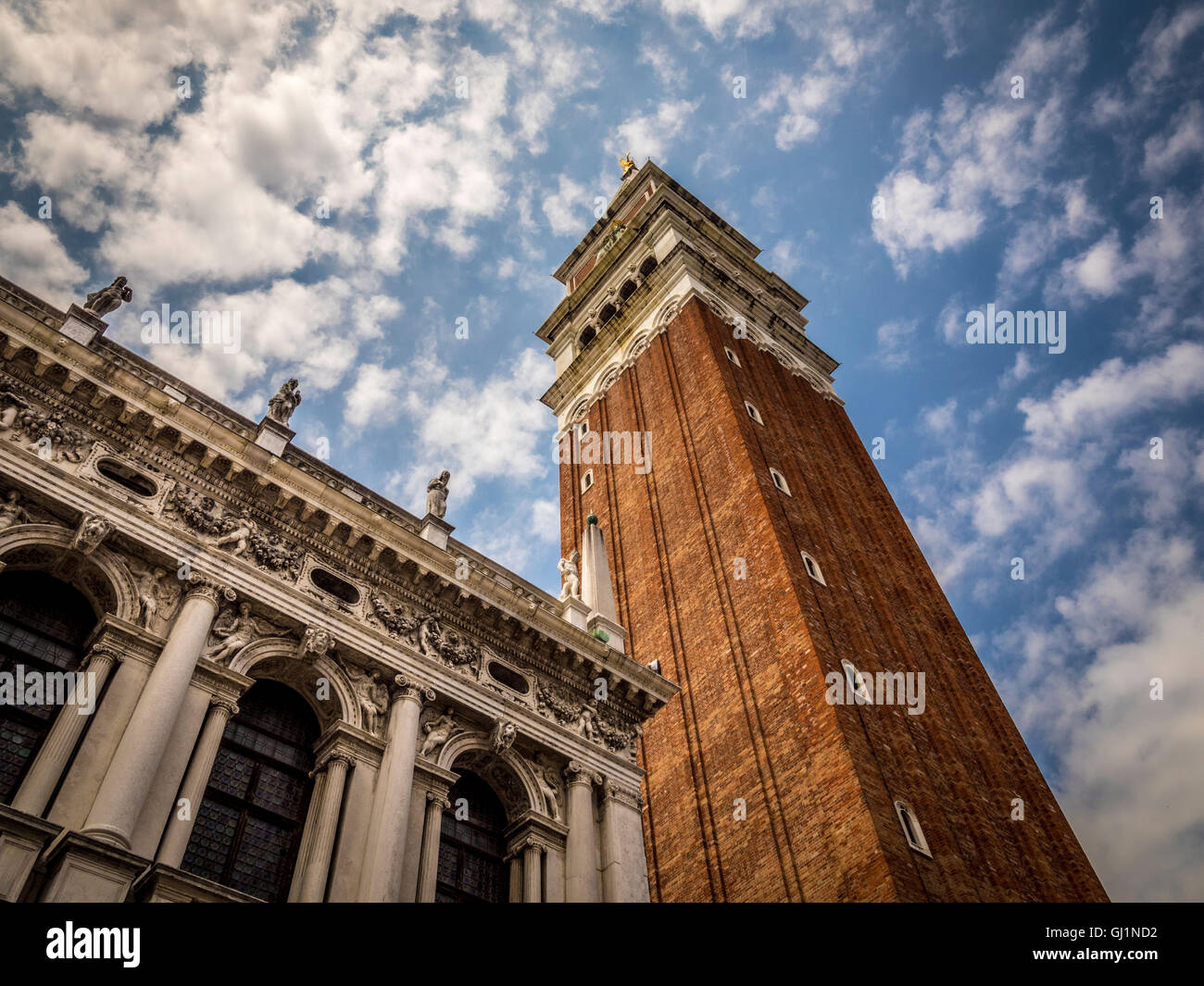 La Biblioteca Marciana y el campanario de la Basílica de San Marcos, en Venecia, Italia. Foto de stock