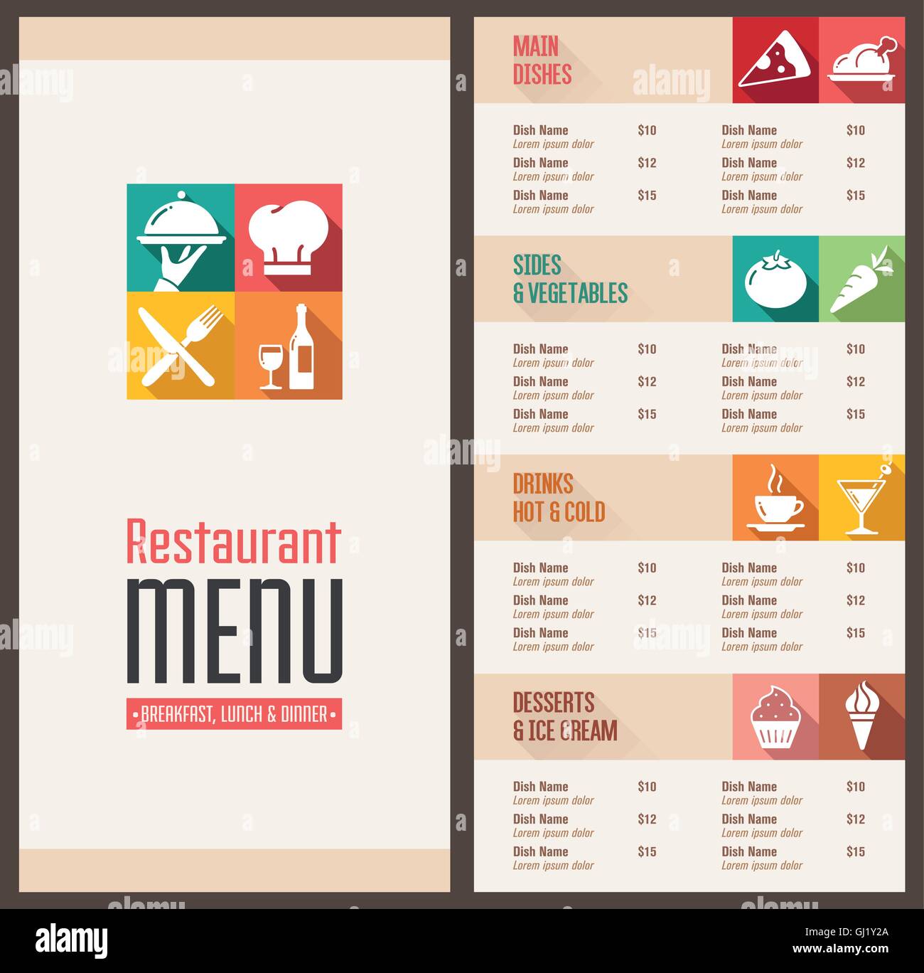 Un restaurante moderno plantilla de menú con iconos bonitos en estilo