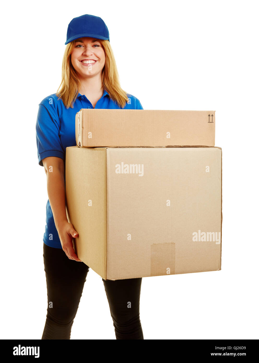 La mujer como portadora de paquetería con paquetes para entregar Foto de stock