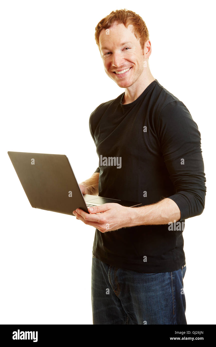 El hombre como programador o blogger contenido sonriente Foto de stock