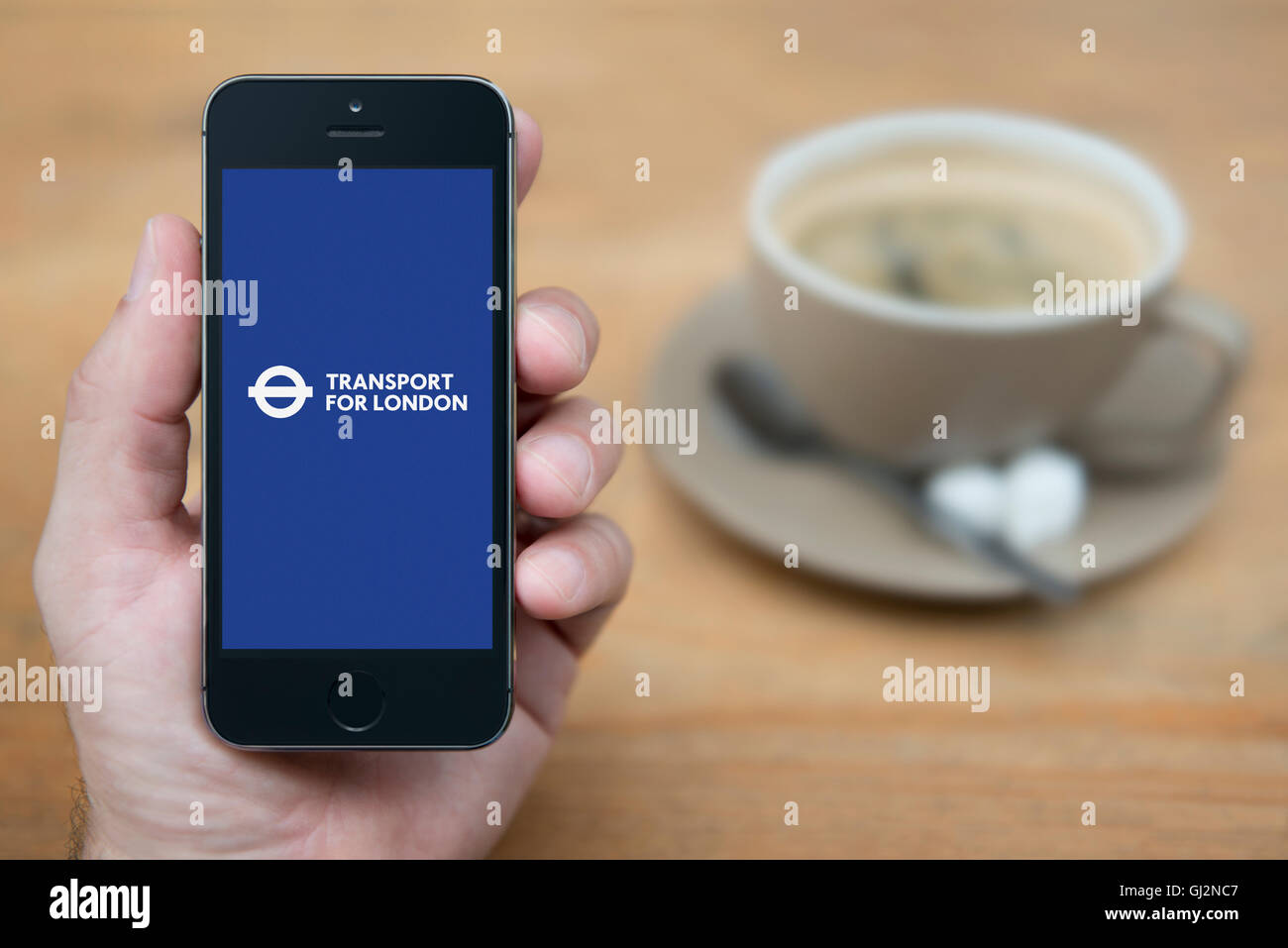 Un hombre mira el iPhone que muestra el logotipo de Transporte de Londres, mientras que se sentó con una taza de café (uso Editorial solamente). Foto de stock