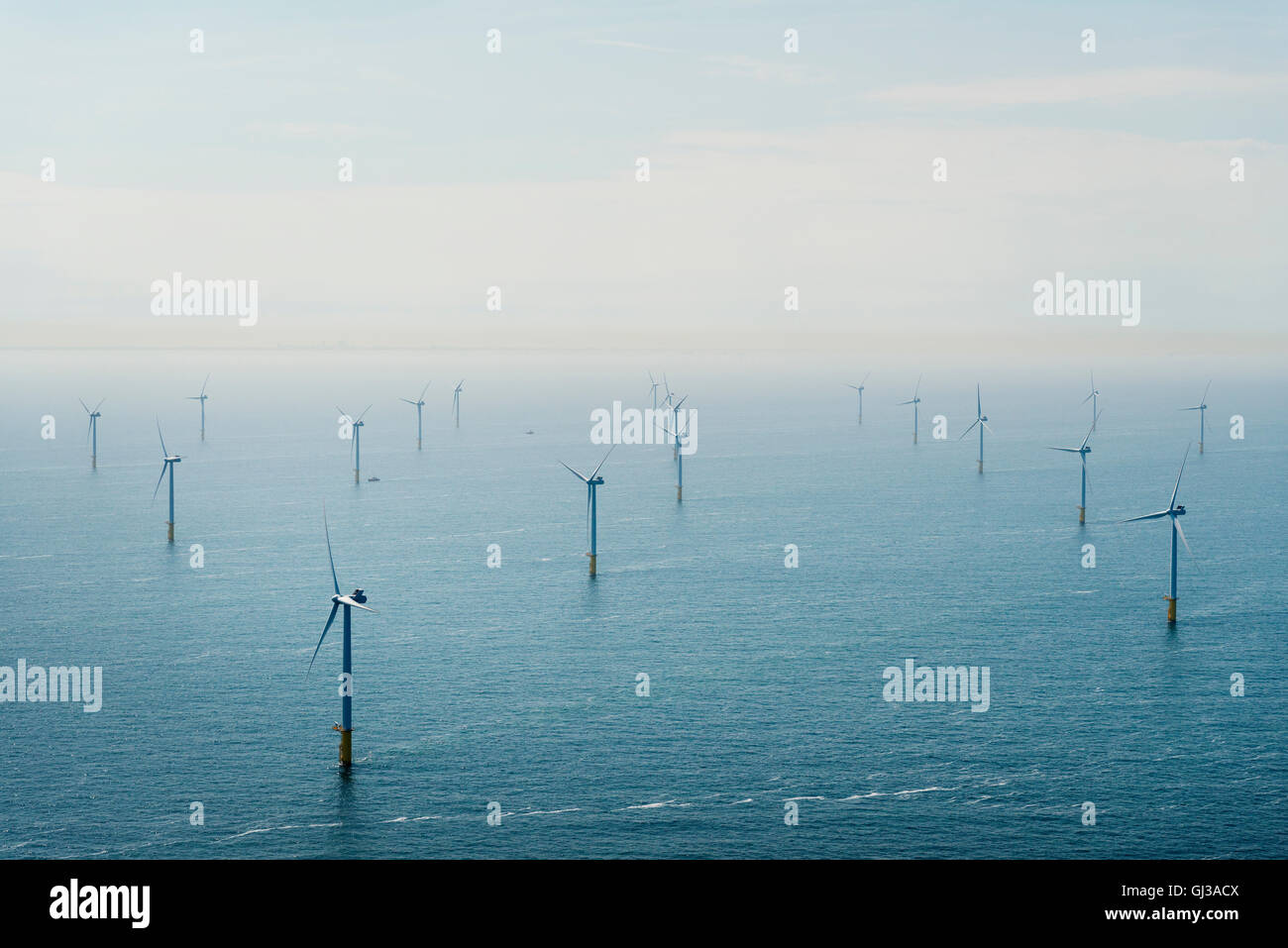Toma aérea de un parque eólico offshore frente a las costas holandesas, IJmuiden, Holanda Septentrional, Holanda Foto de stock