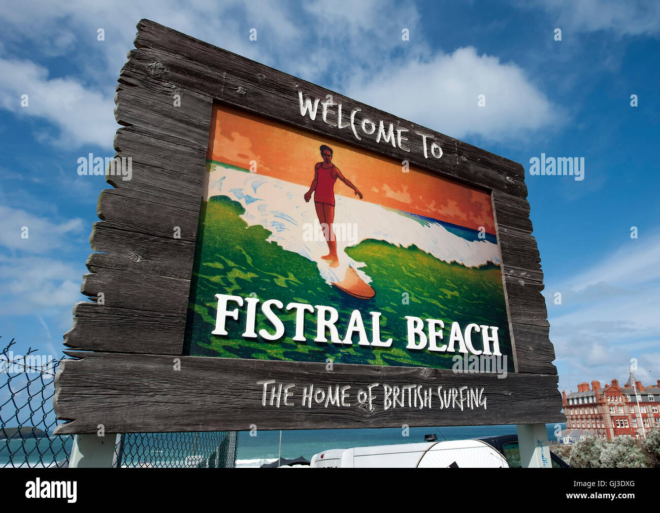 Cartel de bienvenida a Fistral Beach, Newquay, Cornwall, Inglaterra, Reino Unido. Foto de stock