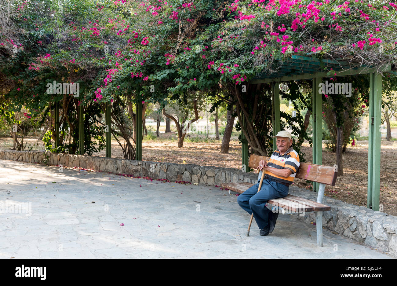 Adulto mayor sosteniendo su palo, sentado y relajándose en un banco en los hermosos jardines centrales Foto de stock