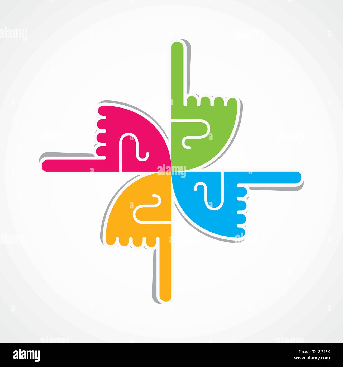 Señalado del dedo en los cuatro símbolos de dirección Imagen Vector de