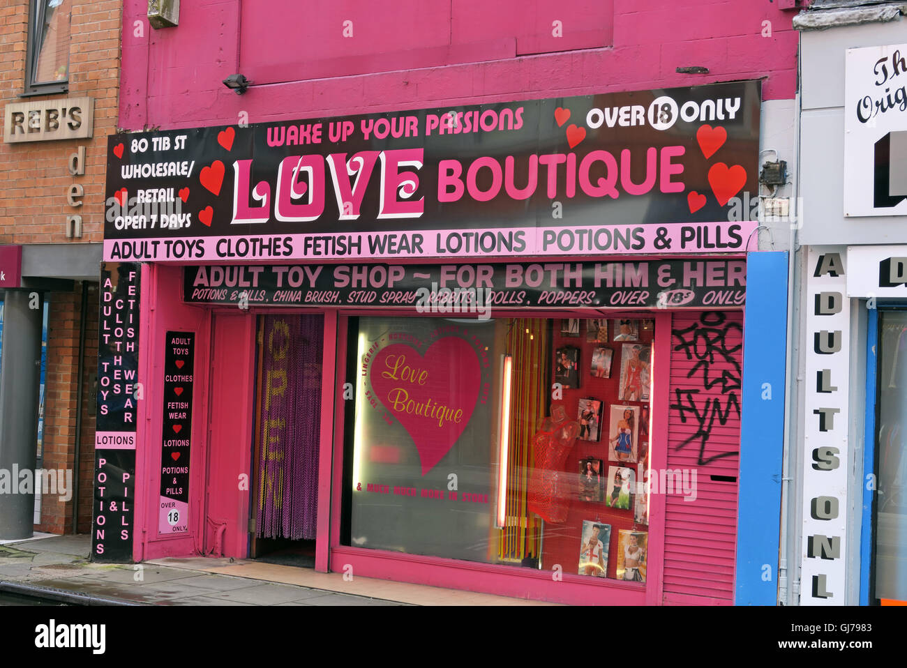 Rosa Tib St Amor Boutique, más de 18 años solamente, 78 Tib St, Manchester, Inglaterra, Reino Unido, M4 1LR Foto de stock