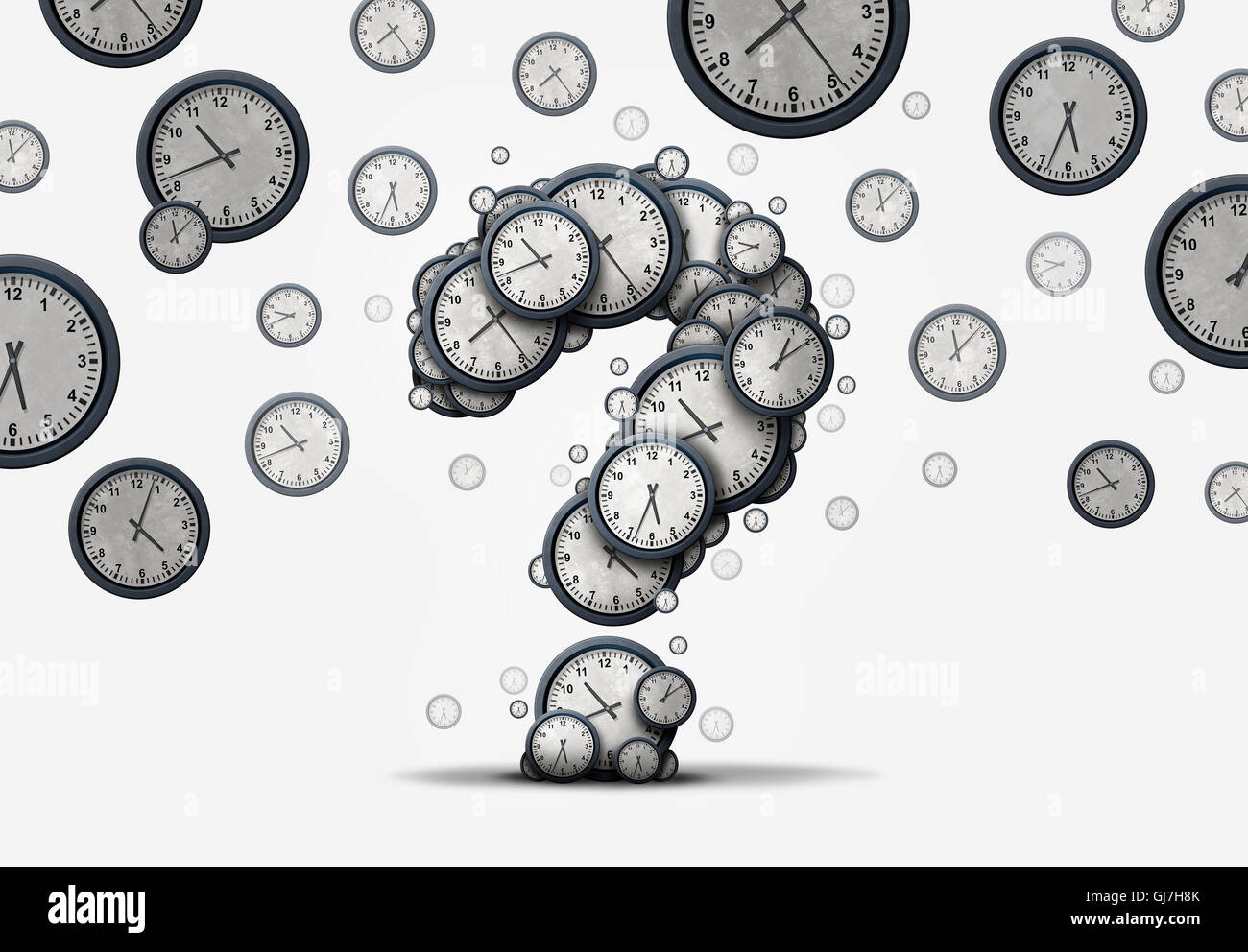 Concepto preguntas de tiempo como un grupo de relojes flotantes y los relojes con forma de signo de interrogación como una metáfora para la fecha límite del programa de negocio o confusión o nombramiento información corporativa como una ilustración 3D. Foto de stock