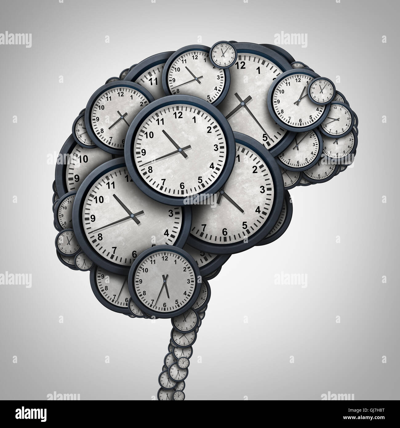 Tiempo concepto pensamiento cerebral como un grupo de objetos del reloj con forma de una mente humana como un negocio de puntualidad y cita el estrés Foto de stock