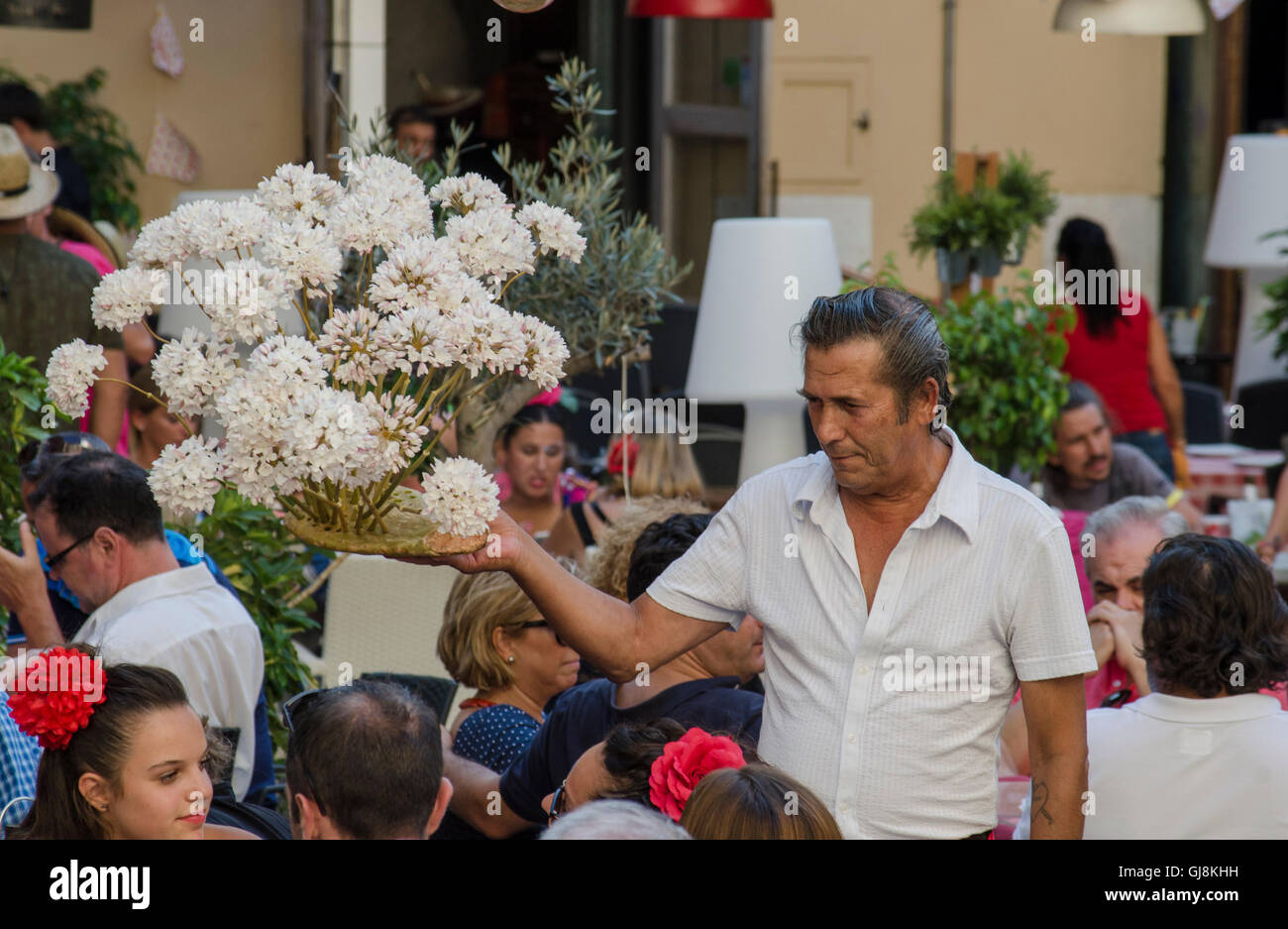 Málaga, Andalucía, España. 13 Aug, 2016. Hombre vendiendo biznaga, flores de jazmín, durante el inicio de la anual Feria de Málaga, en el sur de España, la mayor feria de verano comienza. Las celebraciones de la feria. Crédito: Perry van Munster/Alamy Live News Foto de stock
