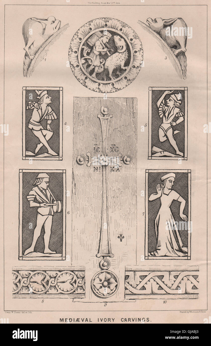 Tallas de marfil medieval. Decorativo, grabado antiguo 1868 Foto de stock