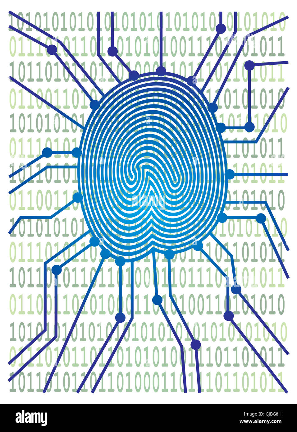 Placa de circuito con huella digital equipo código binario para la identificación de autenticación ilustración en color Foto de stock