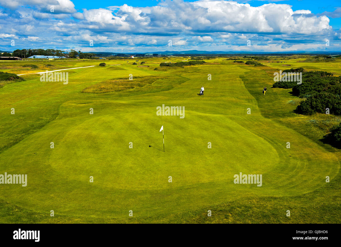 Putting green con flagstick sobre un campo de golf, campo de golf de St Andrews Links, St Andrews, Fife, Escocia, Gran Bretaña Foto de stock