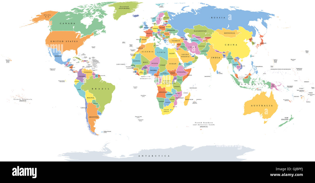 Solo miembros mapa político mundial con las fronteras nacionales. Cada país tiene su propio color. Ilustración sobre fondo blanco. Foto de stock