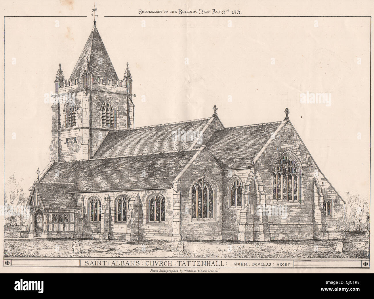 Iglesia de Saint albans, Tattenhall; John Douglas, arquitecto. Cheshire, imprimir 1871 Foto de stock