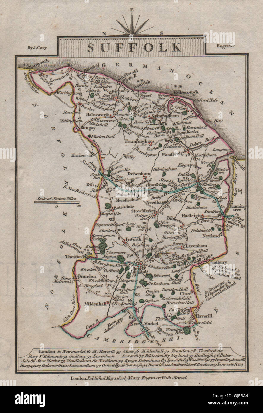 SUFFOLK por John CARY. Mapa del condado de antigüedades en miniatura. Color Original, 1812 Foto de stock