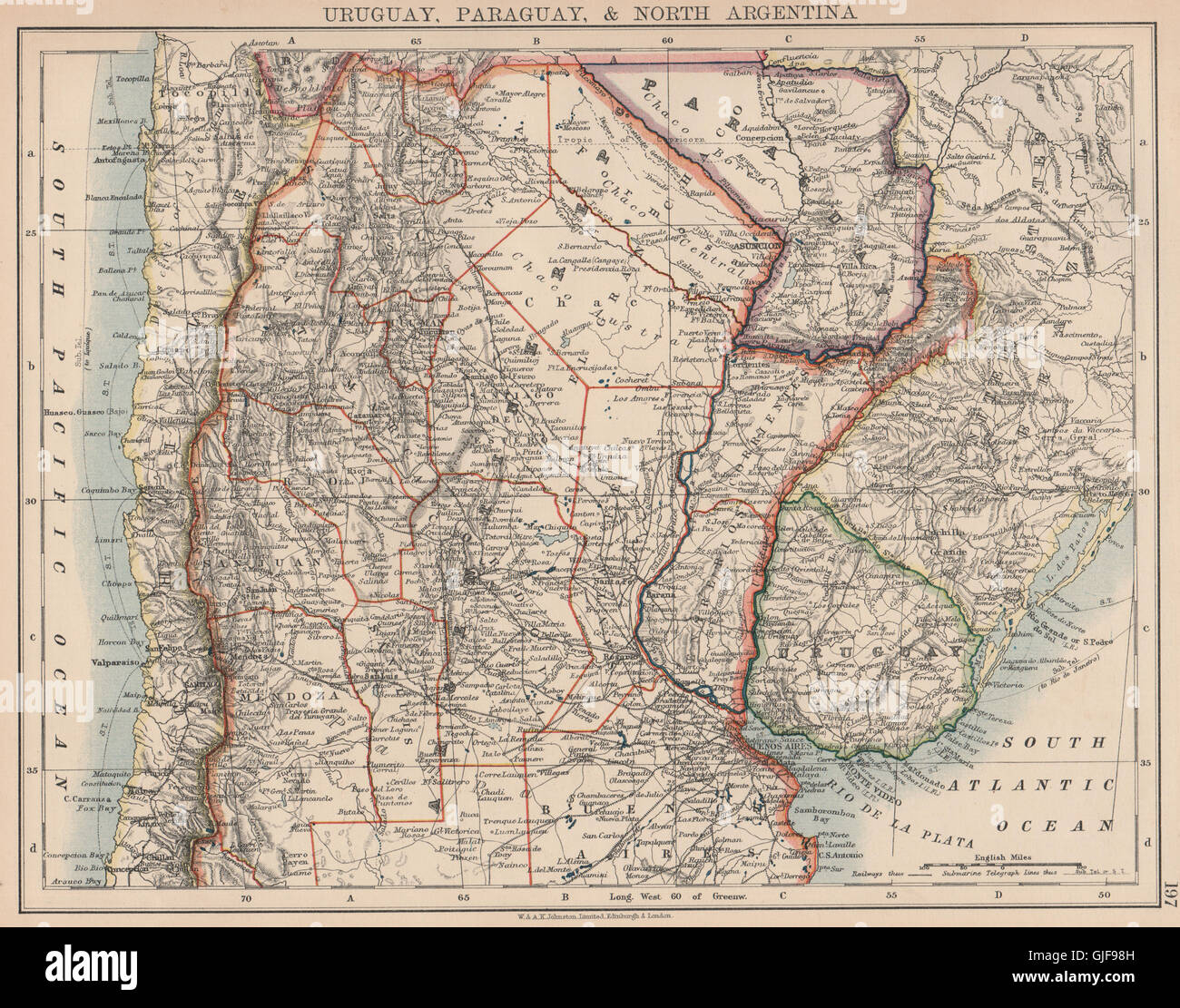 URUGUAY, Paraguay, NORTE DE ARGENTINA.Pre-Chaco fronteras Guerra.Chile.Johnston, 1906 mapa Foto de stock
