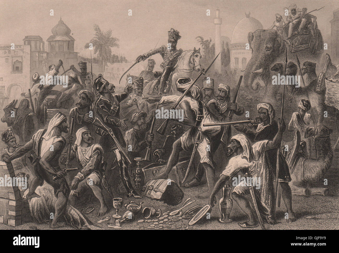 Motín indio. Cipayos amotinados dividiendo botín. La India británica,  impresión antigua 1858 Fotografía de stock - Alamy