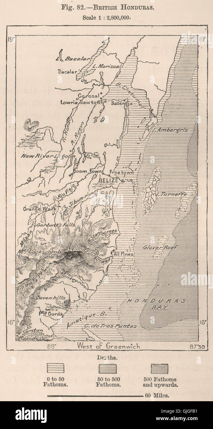 Honduras Británica. Belice, 1885 mapa antiguo Foto de stock